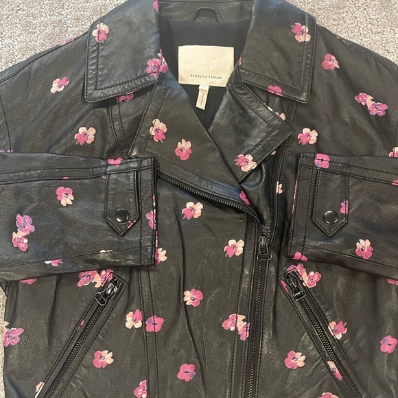 Rebecca Taylor Floriana Black Leather Jacket, Cropped, Pink Flower Print, Sz 2 - Picture 13 of 16